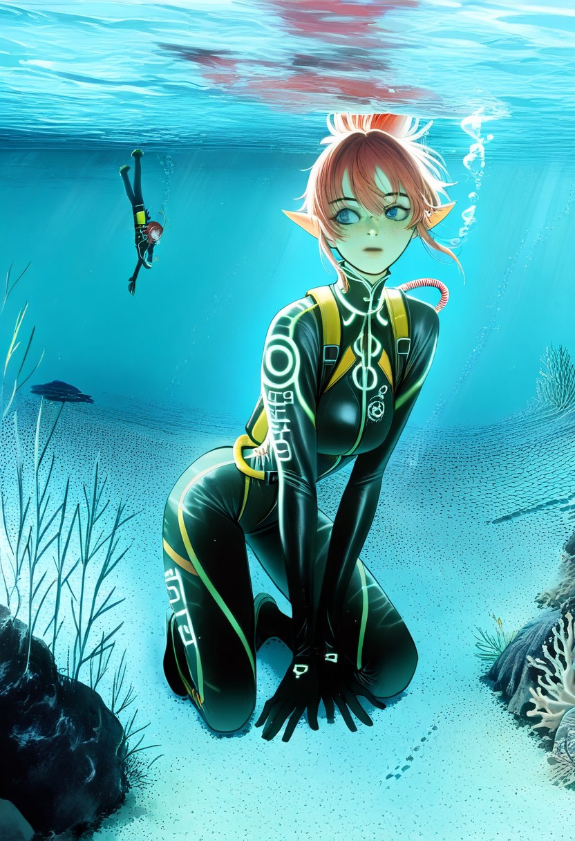 , score_9, score_8_up, score_7_up, red haired female elf scuba diver swimming underwater in the ocean in a full black wetsuit, realistic skin, masterpiece, raw quality, best quality, extremely detailed, stunning beautiful, freckles, blue eyes, crouched