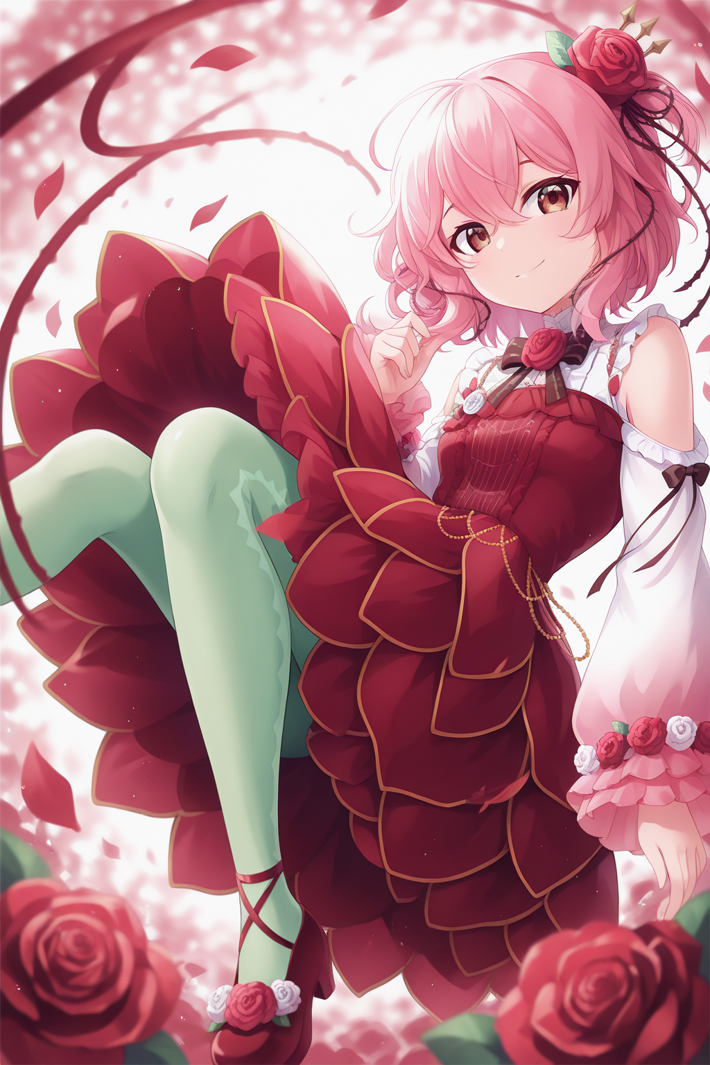 1girl, RL1stHairstyle, RL1stCostume,
general, solo, perspective, dynamic angle, upper body,
short hair, pink hair, red eyes, 
red rose, thorns,
red dress, shirt, shoulder cutout, puffy long sleeves, white rose,
green pantyhose, high heels,
looking at viewer, light smile,
depth of field,
<lora:kp_RosemiLovelockNijisanjiIllustrious_v1_0:1.0>,
masterpiece, best quality, amazing quality