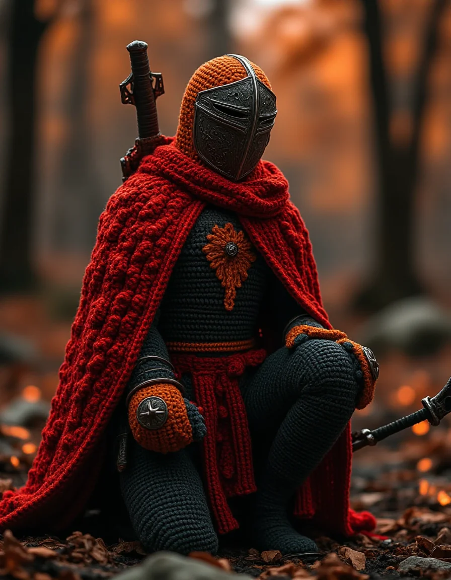 A fiery huntress adorned in crocheted armor in the ral-kntarmr style, with bold, flame-inspired patterns in crimson, orange, and black. Her crocheted cape flows like flickering embers, and her bow and quiver, both crocheted, glimmer with faint, fiery runes. She crouches in a charred forest, where glowing crocheted embers float through the air, illuminating her vigilant stance.
<lora:ral-kntarmr-flux-000007:1>