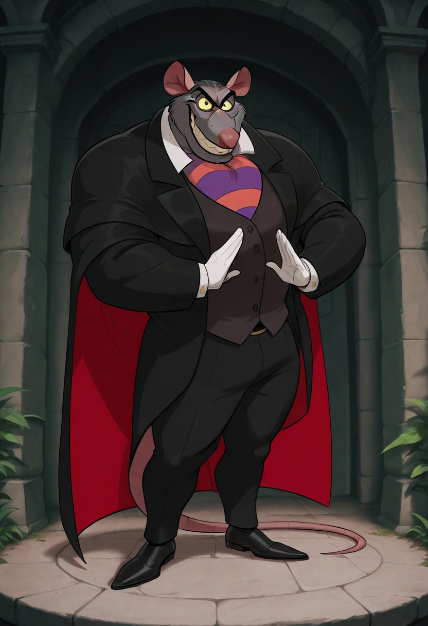 core_9, score_8_up, score_7_up, score_6_up, score_5_up, score_4_up, detailed background, detailed face, 1boy, solo, disney style, cape, sharp teeth, bara, cartoon, wide body, purple and red striped tie, pink rat nose, black jacket, blue circles around eyes, yellow whites of eyes, styled hair, professor ratigan, short legs, furry, sly smile, disney style, black pants, male, rat tail, rat, large body