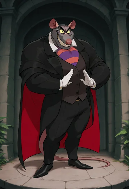 core_9, score_8_up, score_7_up, score_6_up, score_5_up, score_4_up, detailed background, detailed face, 1boy, solo, disney style, cape, sharp teeth, bara, cartoon, wide body, purple and red striped tie, pink rat nose, black jacket, blue circles around eyes, yellow whites of eyes, styled hair, professor ratigan, short legs, furry, sly smile, disney style, black pants, male, rat tail, rat, large body