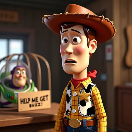 Woody from toystory is a very worried cowboy in a saloon with a sign that reads "Help Me Get Buzz!", with buzz lightyear figure in a cage in the background detailed eyes, highly detailed, photography, ultra sharp, film, bokeh, professional, 4k