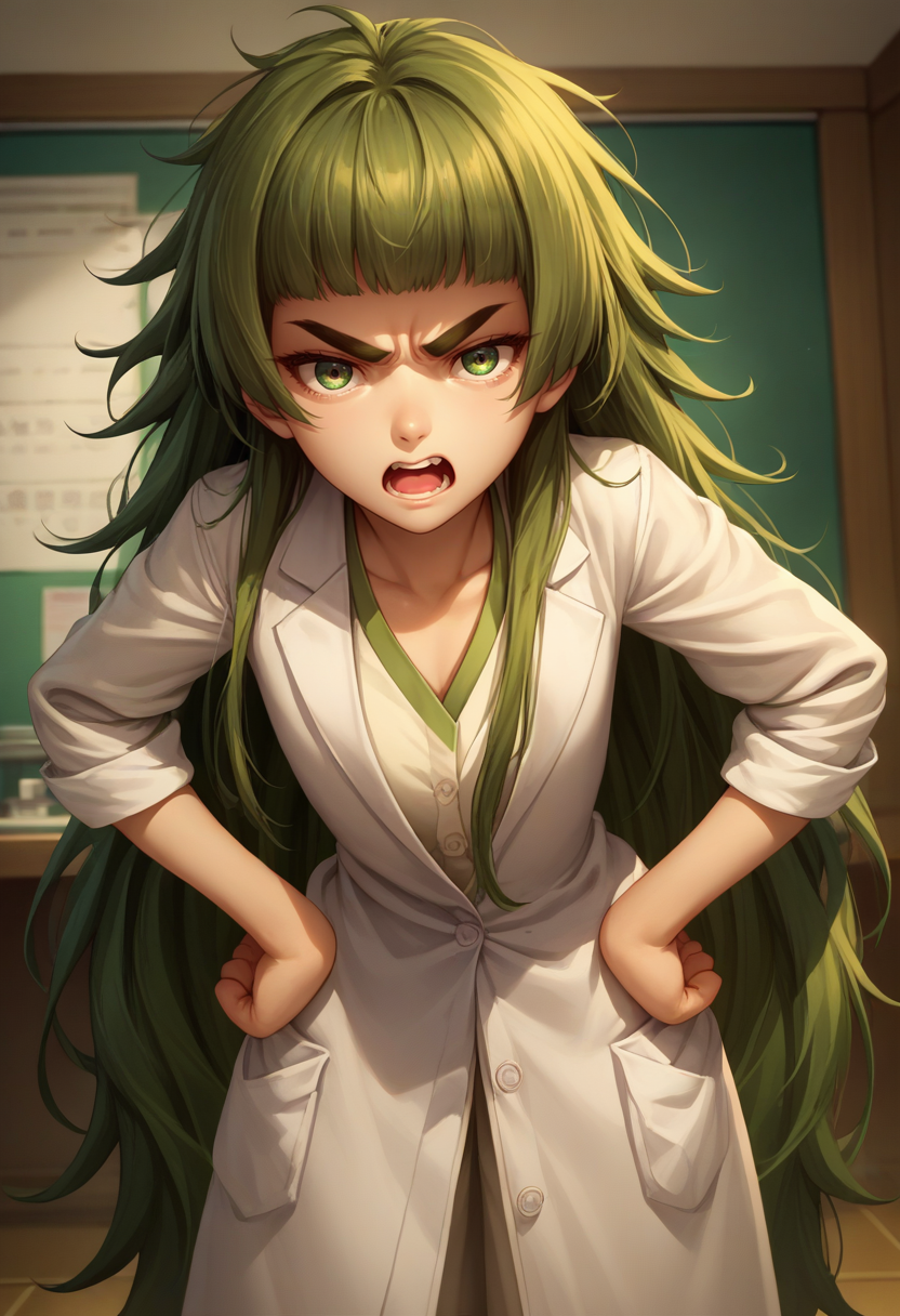 score_9, score_8_up, score_7_up, source_anime, solo, 1girl, hiyajo maho, angry, open mouth, looking at viewer, leaning forward, hands on hips, very long hair, green hair, messy hair, thick eyebrows, white lab coat, white shirt, indoors <lora:steinsgate_hiyajo_ponyXL:1>
