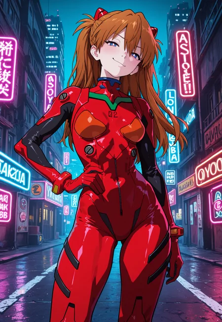 best quality, amazing quality, very aesthetic, absurdres, white pupils,
1girl, asuka langley, red plugsuit, standing, smug, looking at viewer, futuristic background, neon light , buildings, night, <lora:YakiAppleNoob_byKonan:1>