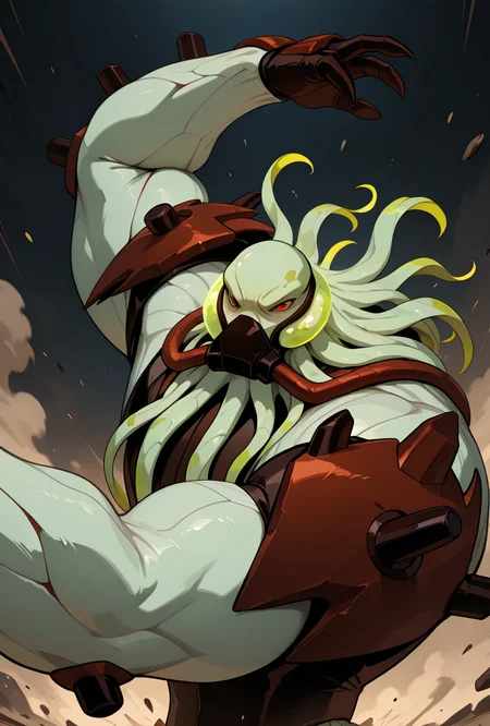 <lora:vilgax-05:1> vilgax, no humans, solo, red eyes, armor, dynamic pose, upper body, action pose,, masterpiece, best quality, amazing quality, very aesthetic, absurdres, newest,