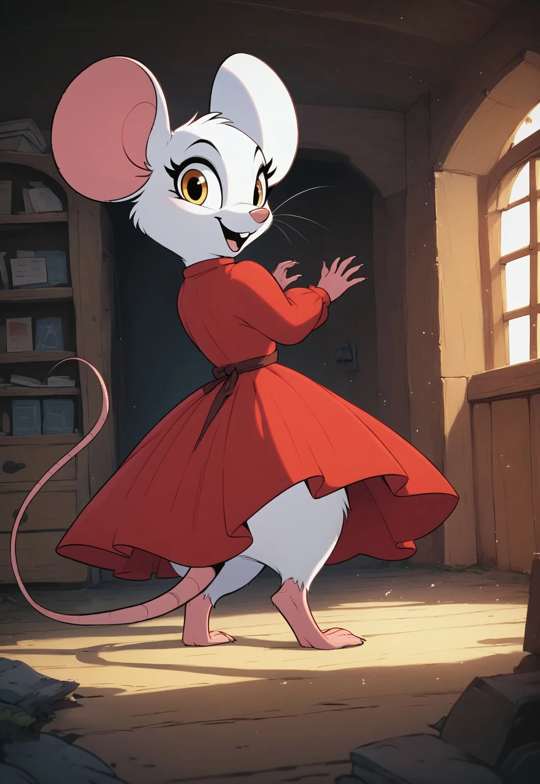 score_9, score_8_up, score_7_up, score_6_up, score_5_up, score_4_up, solo, (fluffy:0.8), (feral), furry, (((mouse))), female, (fluffy cheeks:0.7), (simple red dress), cute, (solo), j_cartoon, indoors, cottage, look at viewer, (smile:0.5), (surprised expression:0.5), action pose, gold eyes, white fur, beckoning, rear view,