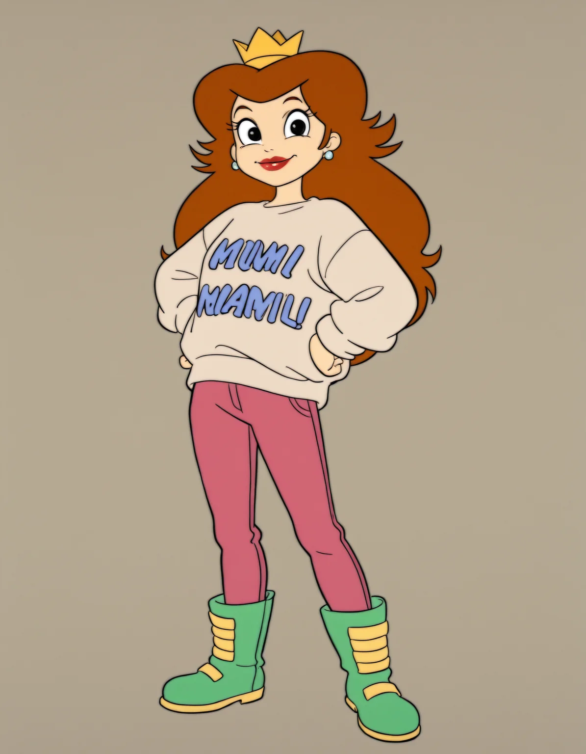 <lora:PrincessToadstoolIllusstrious1.0JLFO:0.8> Princess Toadstool, 1girl, solo, long hair, brown hair, crown, earrings, clothes writing, pants, smile, hands on hips, standing,green boots full body, looking at viewer, black eyes, sweater, makeup, lipstick,green_footwear long sleeves,, masterpiece, best quality, amazing quality, very aesthetic, absurdres