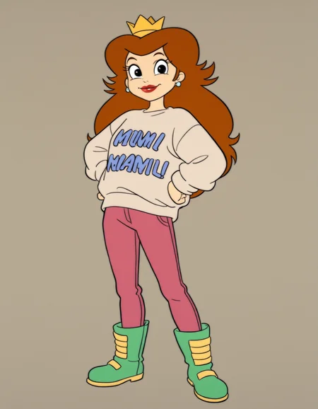 <lora:PrincessToadstoolIllusstrious1.0JLFO:0.8> Princess Toadstool, 1girl, solo, long hair, brown hair, crown, earrings, clothes writing, pants, smile, hands on hips, standing,green boots full body, looking at viewer, black eyes, sweater, makeup, lipstick,green_footwear long sleeves,, masterpiece, best quality, amazing quality, very aesthetic, absurdres