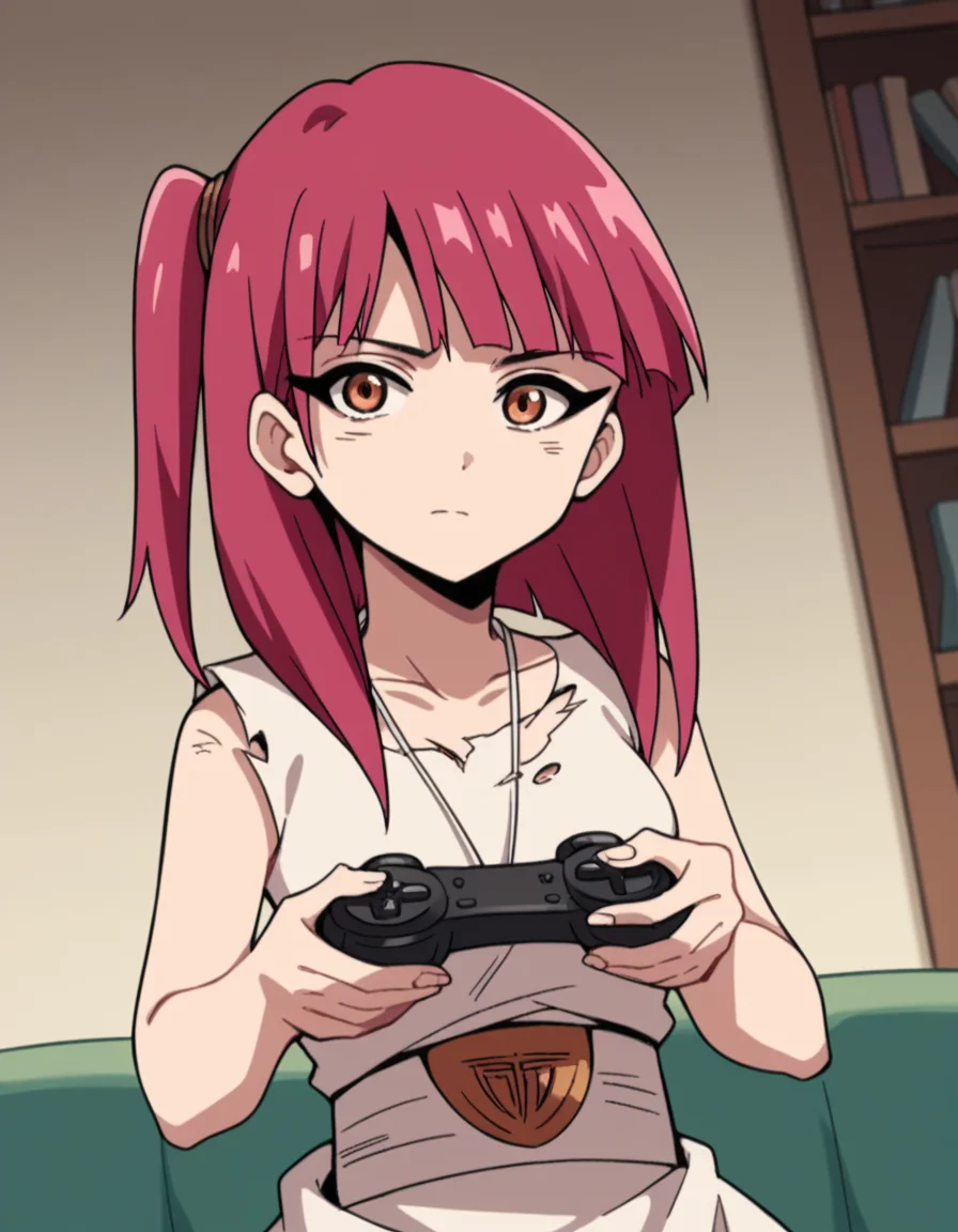 score_9, score_8_up, score_7_up, source_anime, <lora:magi-morgiana-s1-ponyxl-lora-nochekaiser:1>, morgiana, orange eyes, red hair, one side up, medium breasts,, dress, sleeveless dress, collarbone, necklace, torn clothes, torn dress,, living room, video game, controller, competitive, fun, afternoon, , hands on own chest,, looking at viewer, solo,, dutch angle, cowboy shot