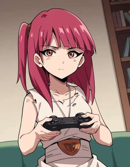 score_9, score_8_up, score_7_up, source_anime, <lora:magi-morgiana-s1-ponyxl-lora-nochekaiser:1>, morgiana, orange eyes, red hair, one side up, medium breasts,, dress, sleeveless dress, collarbone, necklace, torn clothes, torn dress,, living room, video game, controller, competitive, fun, afternoon, , hands on own chest,, looking at viewer, solo,, dutch angle, cowboy shot