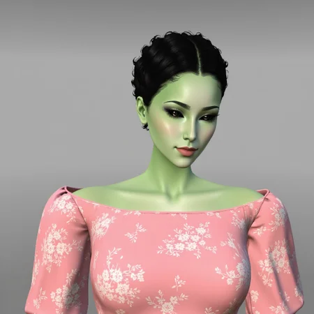 upper body,1woman,alien,colored skin,green skin,colored sclera,black sclera,black eyes,short hair,black hair,makeup,pink lips,pink dress,floral print dress,imvu style