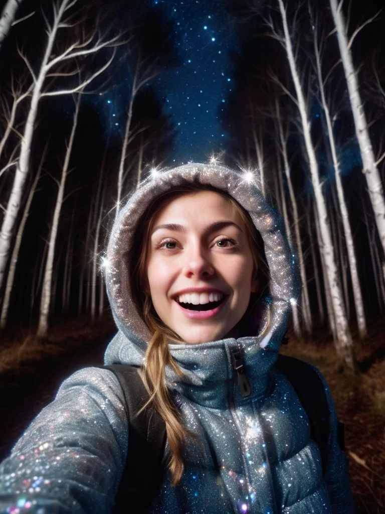 girl at night in the wood, selfie, dressed for trekking, winter, laughing, at night, very dark, infrared photography, without flash, grainy, ((motion blur)), blurry, walking <lora:ral-glitter:1> ral-glitter