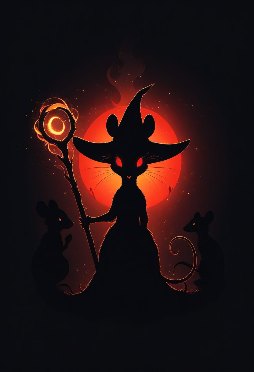 score_9,score_8_up,score_7_up,score_6_up,score_5_up,score_4_up, (((red))), backlight colors, (silhouette:2), backlighting, glowing red eyes, twinkling night sky, starry, bright colors, high contrast, vivid lighting, (((mouse))), (solo), (solo:2), furry, (feral), dress, (witch hat), (holding magic staff)