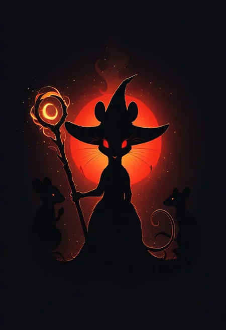 score_9,score_8_up,score_7_up,score_6_up,score_5_up,score_4_up, (((red))), backlight colors, (silhouette:2), backlighting, glowing red eyes, twinkling night sky, starry, bright colors, high contrast, vivid lighting, (((mouse))), (solo), (solo:2), furry, (feral), dress, (witch hat), (holding magic staff)