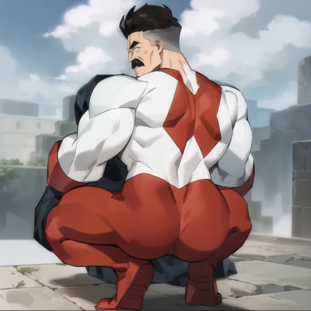 <lora:omniManNolanGrayson_omniman:0.8> man, omniman, muscular, looking back, back, squatting, white and red suit, mustache, red boot