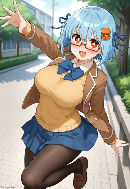 hamburger-chan_(hundredburger), food-themed hair ornament, blue hair ribbon, red eyes, blue hair, short hair, bangs, white pupils, glasses, semi-rimless eyewear, under-rim eyewear, red-framed eyewear, breasts,rectangular eyewear,
blue bowtie, school uniform, brown jacket, yellow sweater, blue pleated skirt, pantyhose, loafers,
<lora:hamburger-chan_(hundredburger)_Illustrious-XL_2.0_v1:1>, masterpiece,best quality,amazing quality, solo,1girl,, standing, (dynamic pose) , blush,
looking at viewer,cowboy shot,open mouth,light smile,
(outdoors, )