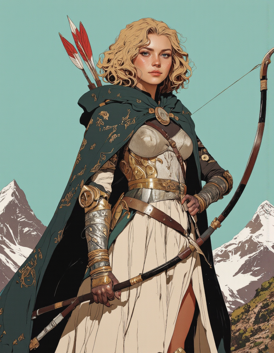 By Phandigrams. A digital illustration shoot from a portrait camera angle about a female warrior standing confidently with a bow and arrow, wearing a dark green cloak over a flowing white dress, set against a turquoise sky with mountains in the background. the image also shows a strong female character in the middle of the image, who appears to be a young adult, with pale skin, wavy blonde hair, and a serious expression. she is standing with her upper body facing the viewer, looking directly at them with her blue eyes. her hair is styled in a curly manner, and she is holding a long, curved bow in her right hand, with her left hand resting on her hip. she has a slender physique and is wearing intricate, ornate armor with gold accents, including a belt with a pendant and a belt buckle, along with long sleeves and a capelet. her outfit is completed with a white dress with a flowing skirt, which is long and flows down to her knees. the overall aesthetic is reminiscent of fantasy art, with a focus on the character's powerful stance and the intricate details of her armor and bow.
