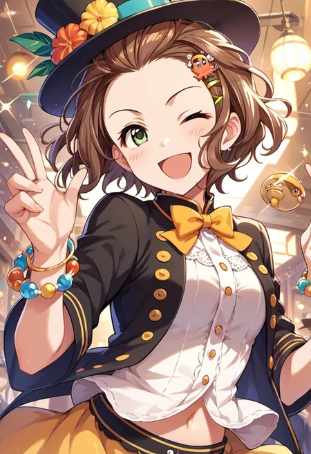 score_9, score_8_up, score_7_up, source_anime, nanba emi, short hair, brown hair, green eyes, 1girl, one eye closed, bracelet, smile, jewelry, ;d, hairclip, hair ornament, open mouth, hat, navel, top hat
