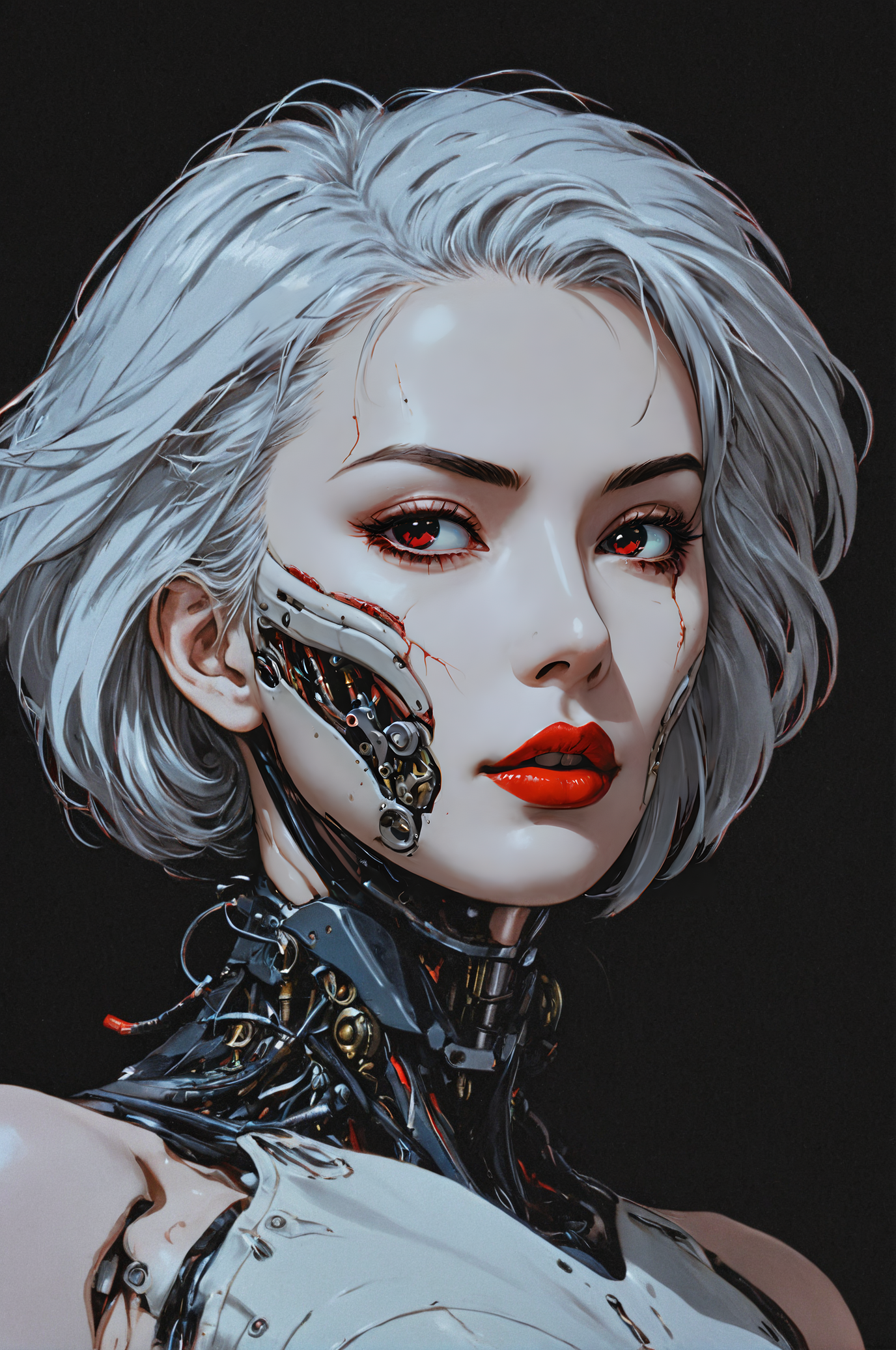 Score_9, score_8_up, score_7_up, score_6
(source_anime, cyberpunk, vibrant, colorful, retro_artstyle:1, 1990s_(style):1)
((close-up shot of a woman's face, monstrous, body horror, white hair, facial anatomy, eyeliner, red lipstick, mechanical parts, exposed muscle:3, damaged, injured, bloody mouth))
<lora:Dark_Retro_Scifi_Aesthetic (1):1.2>