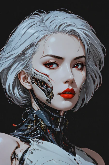 Score_9, score_8_up, score_7_up, score_6
(source_anime, cyberpunk, vibrant, colorful, retro_artstyle:1, 1990s_(style):1)
((close-up shot of a woman's face, monstrous, body horror, white hair, facial anatomy, eyeliner, red lipstick, mechanical parts, exposed muscle:3, damaged, injured, bloody mouth))
<lora:Dark_Retro_Scifi_Aesthetic (1):1.2>