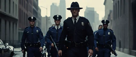 cinematic film still of <lora:perfection style:0.6>
<lora:gotham city style v2:0.8>
<lora:Chiaroscuro Lighting Style:0.6>
In Gotham City a group of different police officers and detectives and swat walking down a street,shirt,hat,holding,jacket,weapon,male focus,outdoors,multiple boys,necktie,striped,belt,pants,holding weapon,gun,facial hair,formal,suit,blue shirt,building,holding gun,rifle,beard,handgun,walking,6+boys,city,assault rifle,submachine gun,police,police uniform,shotgun , detailed, real, different, unique, cinematic, dramatic, concept art, filmic, detailed background, detailed settings, artstation, gothic New York, gotham city style, shallow depth of field, vignette, highly detailed, high budget, bokeh, cinemascope, moody, epic, gorgeous, film grain, grainy