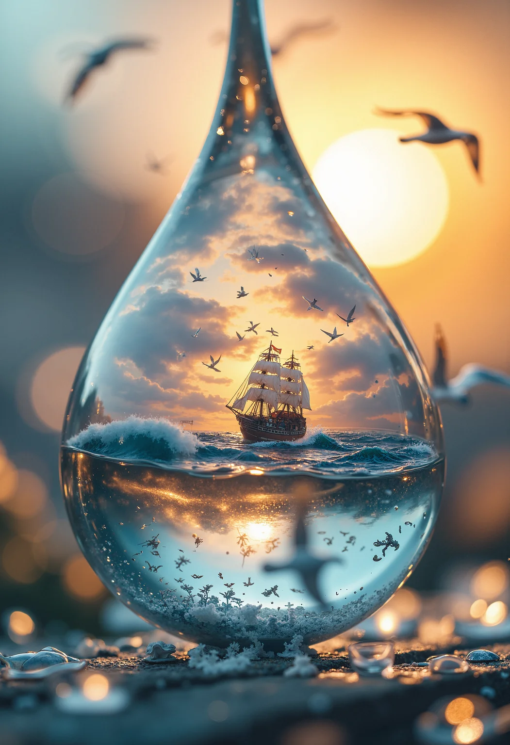 A hyper-realistic close-up of a translucent glass teardrop suspended in mid-air, with a miniature ocean scene inside it. The ocean features tiny, detailed waves and a small ship sailing through the middle. Above the ship, miniature seagulls are frozen in flight, with delicate details of their feathers visible. The glass teardrop refracts light, creating rainbow-like reflections on the surrounding space. The background is a blurred, soft gradient of warm sunset colors, enhancing the surreal and dreamlike atmosphere of the scene. The lighting is soft and warm, highlighting the clarity and purity of the glass while emphasizing the intricate details of the miniature ocean scene within. <lora:FluxDFaeTasticDetails:0.8> <lora:aidmaImageUpgrader-FLUX-V0.1:0.33> detailmaximizer, <lora:Sinfully_Stylish_.02_for_FLUX-000002:0.6>