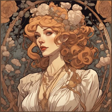 J.C. Leyendecker Style, Audrey Kawasaki Style, bruce timm Style, josan gonzalez Style, Will Eisner Style, Ephraim Moses Lilien Style, Mike Mignola Style, alphonse mucha Style, a beautiful woman in a field of flowers, haunting eyes, crazy curls, surreal dark art, trending on artstation, interconnected human lifeforms, seafloor, artist unknown, fate unknown, black oled background, bloom, cold stars, flower face, aesthetic ”, eve, contaminated (unsettling Sense of malevolence) fear of the unknown  Existential cosmic horror leica