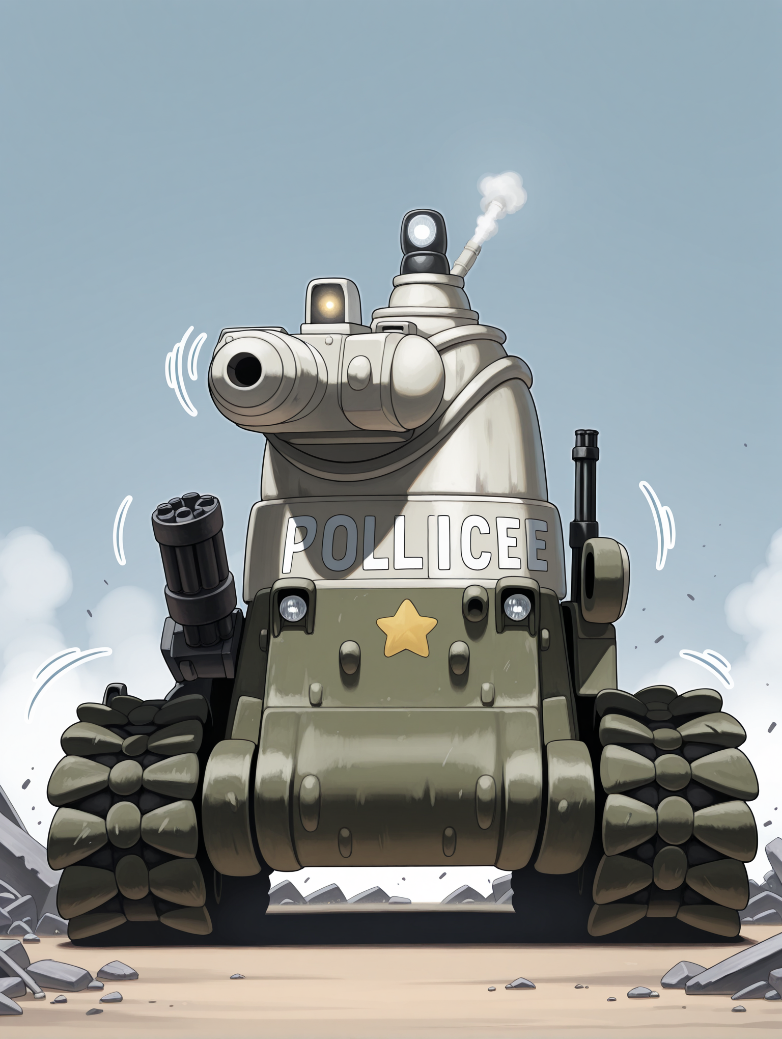 masterpiece,best quality,newest,
<lora:Fixhands_anime_bdsqlsz_V1:1>,<lora:IL_bonaparte_tank:1>,d_bn,bonaparte /(tank/),turret,cannon,minigun,smoke projector,left-air intake,star \(symbol\),police,emblem,caterpillar tracks,((motion_lines:1.2)),rubble_ruins,simple_background,no human,