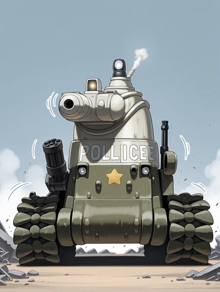 masterpiece,best quality,newest,
<lora:Fixhands_anime_bdsqlsz_V1:1>,<lora:IL_bonaparte_tank:1>,d_bn,bonaparte /(tank/),turret,cannon,minigun,smoke projector,left-air intake,star \(symbol\),police,emblem,caterpillar tracks,((motion_lines:1.2)),rubble_ruins,simple_background,no human,