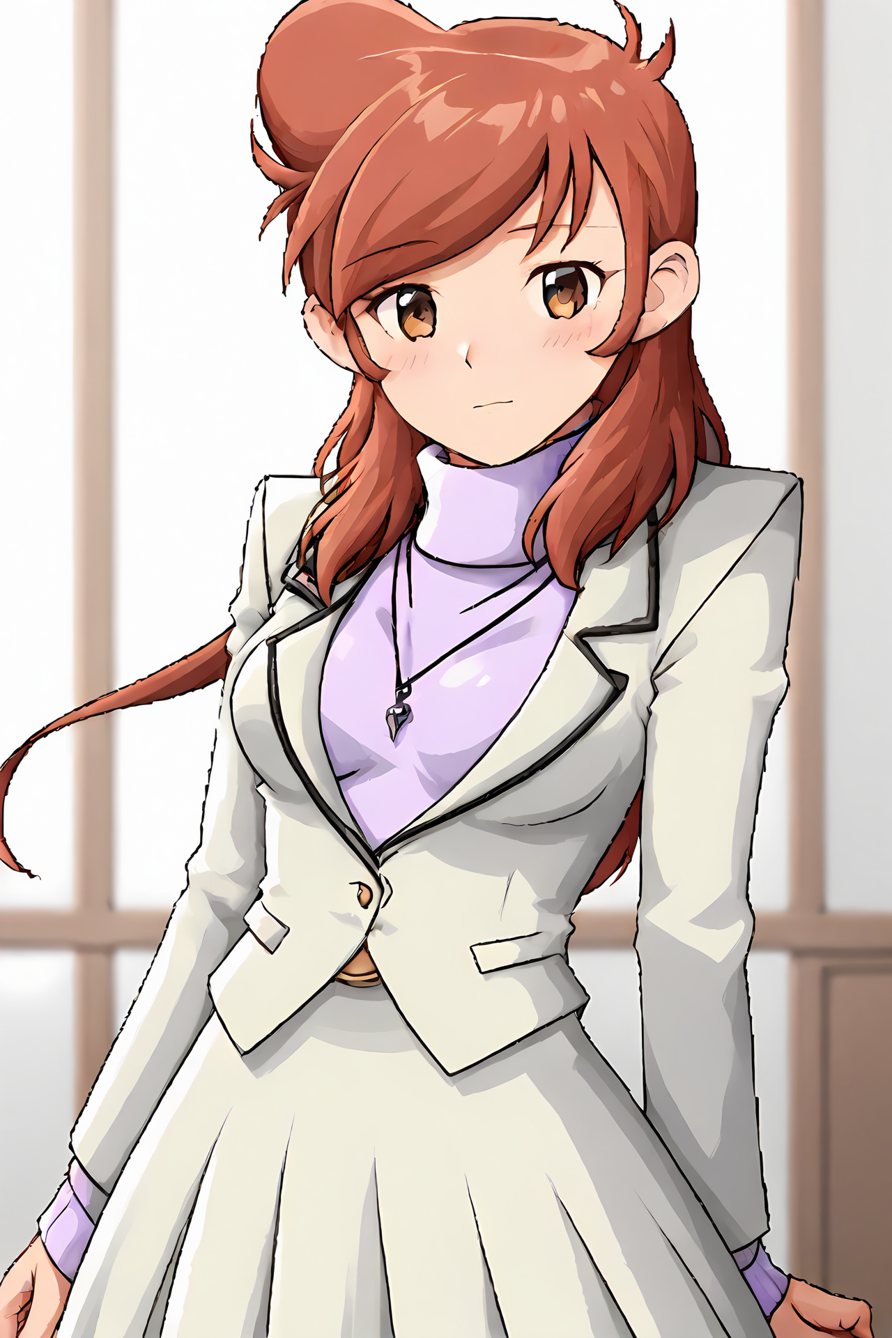 (white jacket purple sweater turtleneck white skirt pendant formal:1.50), cra-melissa, red hair, brown eyes, long hair, big hair, swept bang, 
medium breasts, 1girl, solo, skinny, (source_anime, score_9, score_8_up, score_8, score_7_up), score_7, score_6_up, score_6, score_5_up, score_5, 
(blush:1.10),
(indoors:1.00),
(:1.60), (feet:1.20),
<lora:cra-melissa-V02-000002:1.00>