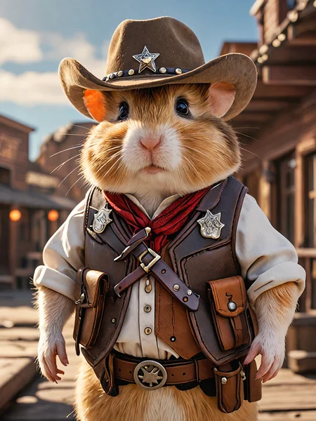 hamster sheriff, cowboy hat, vest, holster, old west town   <lora:extremely_detailed:-1> extremely detailed, 8k, masterpiece, dramatic lighting, vivid colors,r<lora:MJ52:0.2>