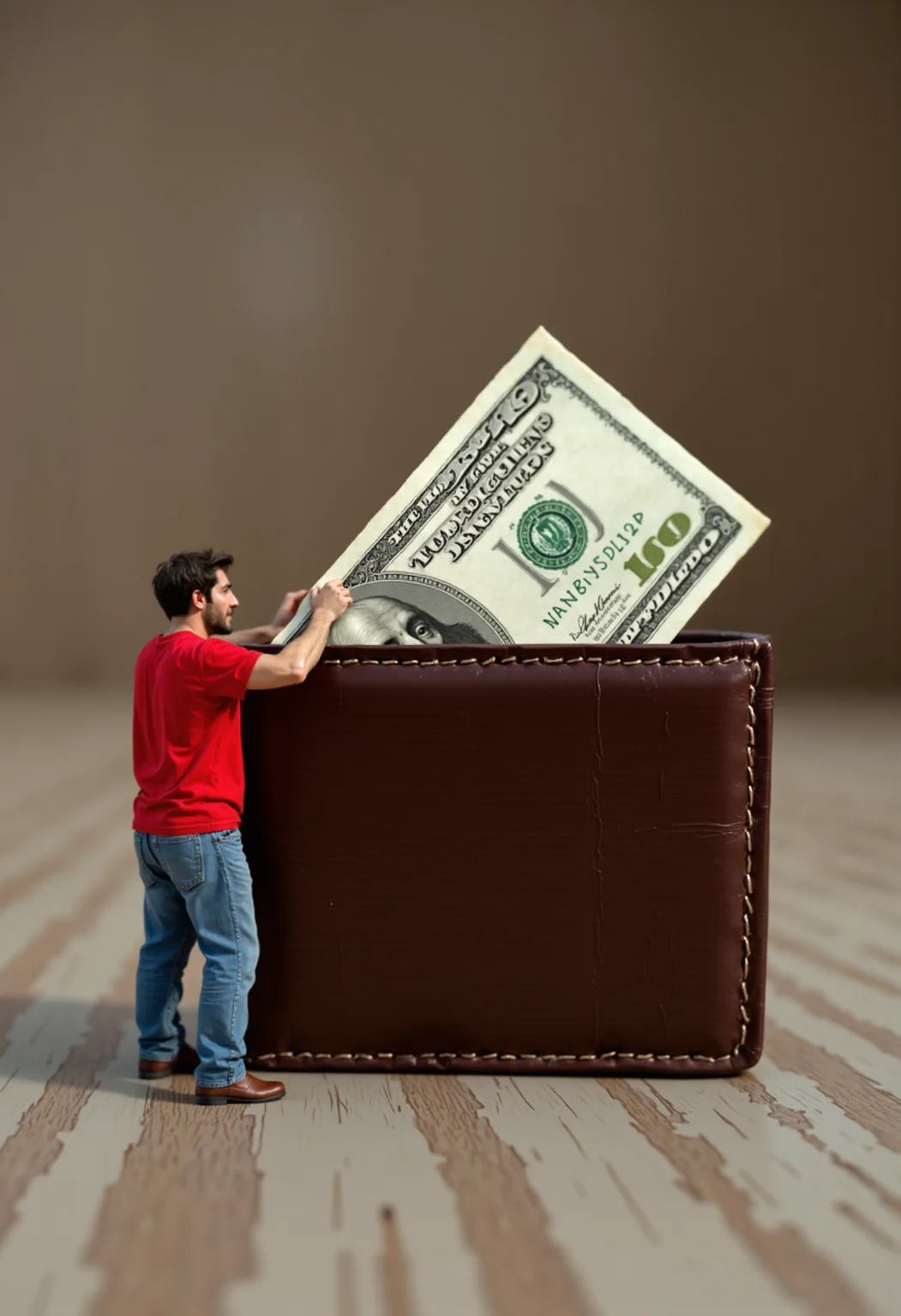 raw photo, a miniature 1 inch tall man in jeans and red t-shirt, standing next to an open wallet, pulling a giant dollar bill out of the wallet, highly detailed