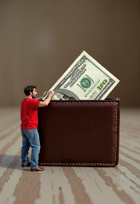 raw photo, a miniature 1 inch tall man in jeans and red t-shirt, standing next to an open wallet, pulling a giant dollar bill out of the wallet, highly detailed