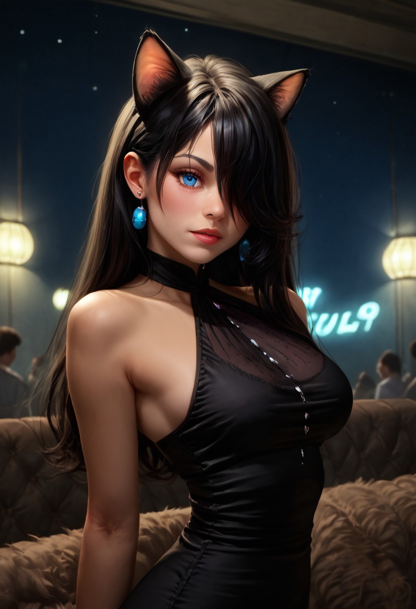 score_9, score_8_up, score_7_up, detailed, 1girl, solo, intricate details, chromatic aberration, realistic, long hair, black hair, cat ears, hair over one eye, blue eyes, earrings, sharp eyes, black halter top mini dress, night time, inside a crowded night club, neon lighting, dim lighting,  looking at viewer