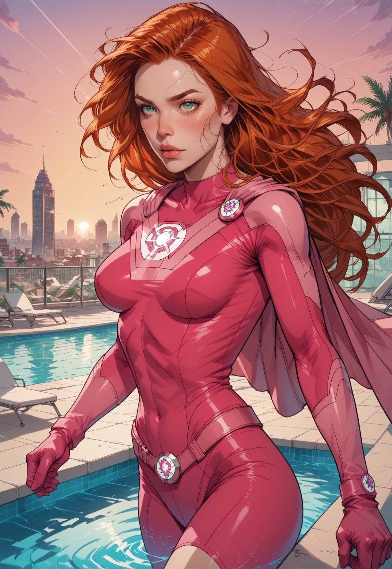 safe_pos, score_9, score_8_up, score_7_up, 
BREAK, 
1girl, solo, 1girl, ginger long hair, green eyes, detail eyes, superhero suit , flying, from back, teardrop breasts, background swimming pool on top of a building, city, pink sunset, palm trees, large grand theft auto 6 symbol in the bottom, read description , Expressiveh , g0thicPXL, glowing, neon