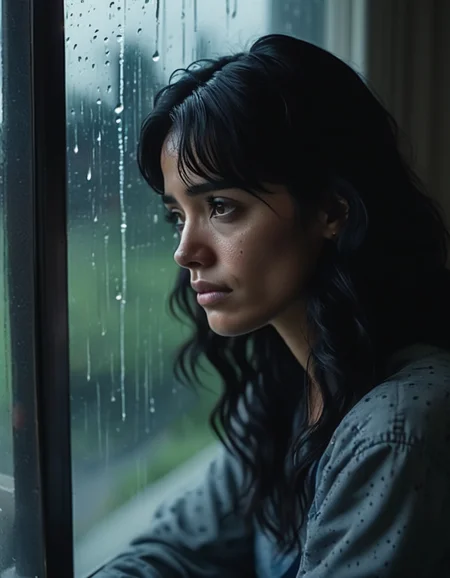 A portrait of a woman with thick, wavy black hair, her dark brown eyes reflecting a deep sadness. Sheâs sitting by a window, the rain outside creating a soft, melancholic atmosphere, her thoughts seemingly miles away. <lora:usual-portrait-v2:1>