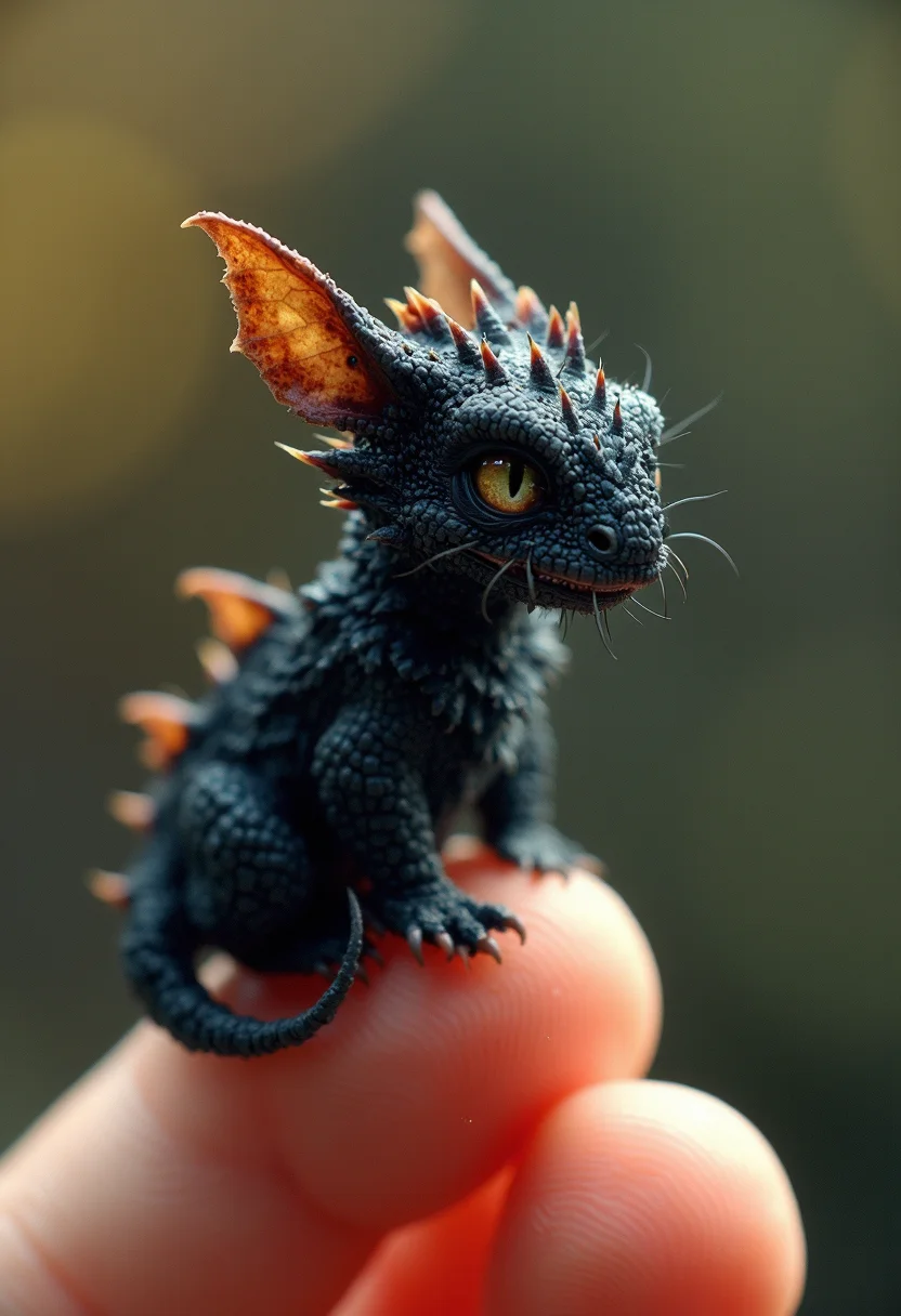 The tiniest and cutest fluffy creature The dragon sits on the tip of a finger, huge black ð, photorealism, beautiful, aesthetic, professional photo, realistic, high resolution, close-up, high detail