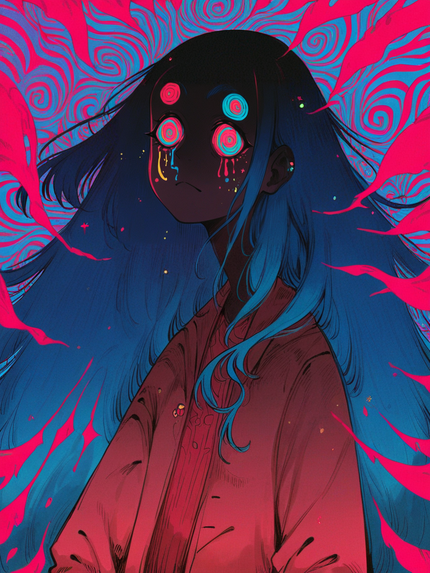 score_9, score_8_up, score_7_up, score_6_up, score_5_up, score_4_up,   <lora:f3nn3rXLP:0.9> f3nn3r, 1girl, colourful, pink, blue, black, red, trippy, long hair, eyes