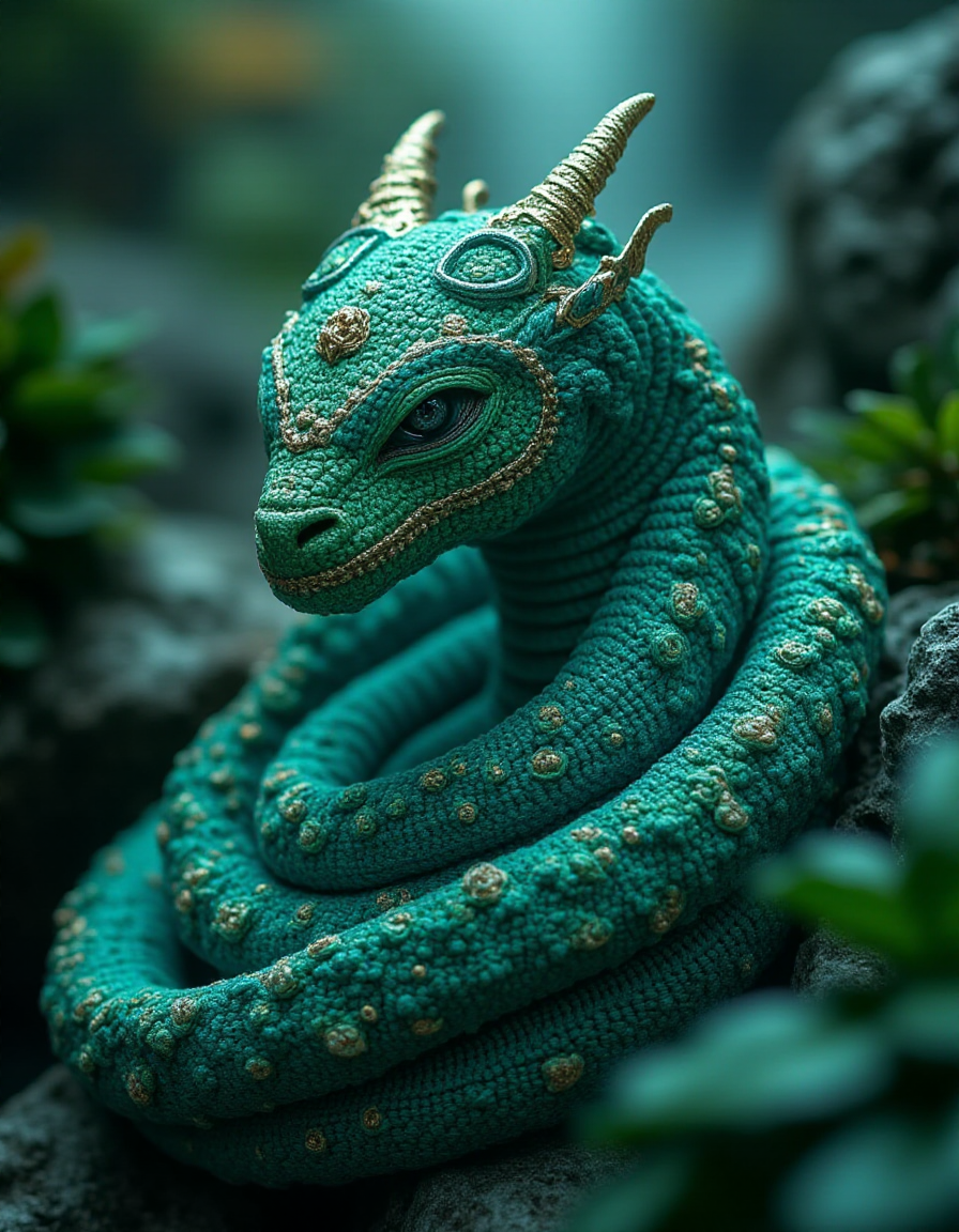 Depict a serpent-dragon, its serpentine body wrapped in ral-kntarmr made of shimmering emerald and teal threads. The armor is adorned with wave-like patterns and small opalescent scales woven into its design. The creature coils through a floating garden of bioluminescent vines, exuding an aura of otherworldly majesty
<lora:ral-kntarmr-flux:1>