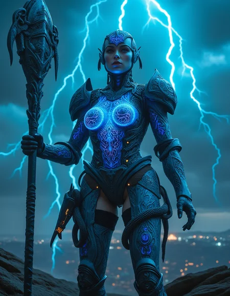 hyperrealistic, photo, masterpiece, stunning, best quality,
A mighty cyborg warrior with large breasts stands defiantly amidst a stormy battlefield, radiant neon blue lightning illuminating the intricately etched fractal designs on her battle-scarred armor. Damascus steel and fractal art blend seamlessly, imbuing her with a mystical energy as snakes coil around limbs, their motifs etched into armor and weaponry. Focused determination radiates from piercing eyes. A massive fractal-designed staff with Damascus accents completes the heroic presence.
perfect lighting, professional, high contrast, bright colors, intricate details, (high quality texture), (sharp), (artistic image), 8K, highly detailed, fantasy, vivid, rich details,