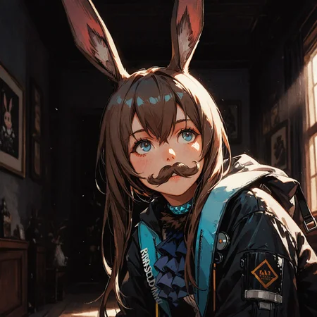masterpiece, best quality, good quality, newest, highres, absurdres, scene, (volumetric lighting) BREAK
1girl, amiya \(arknights\), rabbit girl, (rabbit tail:0.5),
girl with fake moustache,
gop, oil painting \(medium\), dark, low-key, retro_artstyle,