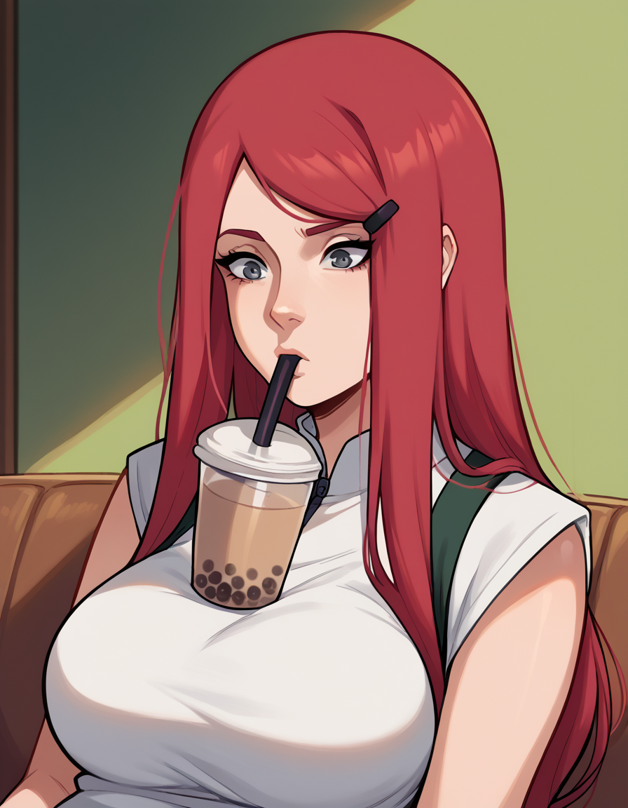 score_9, score_8_up, score_7_up, source_anime, <lora:kushina-uzumaki-shippuden-anime-ponyxl-lora-nochekaiser_r1:1>, kushina, long hair, hair ornament, red hair, hairclip, grey eyes, swept bangs, large breasts,, <lora:bubble-tea-challenge-ponyxl-lora-nochekaiser:1>, bubble tea challenge, bubble tea, object on breast, drinking straw, drinking straw in mouth, drinking, cup,, indoors, sitting, looking down, , cowboy shot, dutch angle