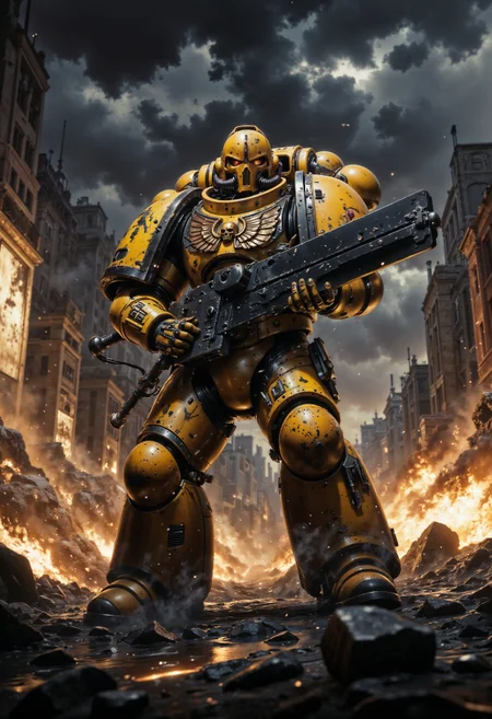 ImperialF40k, large space marine standing with a giant gun, explosions in the background, epic action scene, movie still, <lora:FluxImperialF40k:1> <lora:aidmaGLOWV4wc:0.5> aidmaGlow <lora:aidmaMJ6.1:0.5> aidmaMJ6.1 <lora:fluxenhancer:0.5>