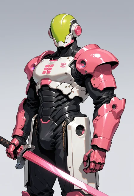score_9, score_8_up, score_7_up, mechanical armor, solo, robot, holding, standing, male focus, simple background, armor, holding sword, shoulder armor, gauntlets, full armor, Hot Pink and Electric Lime,
<lora:ArmorPunkV4:1> arm0rpunkv4,