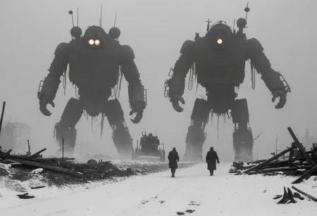 monochrome, photo, old photo,blurry, low quality, old photo defects, world war 1, steam punk technology, automatons, battlefield, destroyed city,rubble, collapsed buildings, snow, winter, fires, artillery, Thick fog, strange shaped robots moving in the distance,large robots, large automatons marching along, antenna, wires, consistent design,looking at viewer, scary, damaged robots, trench warfare, no mans land, large robots,(( art style of simon stalenhag))