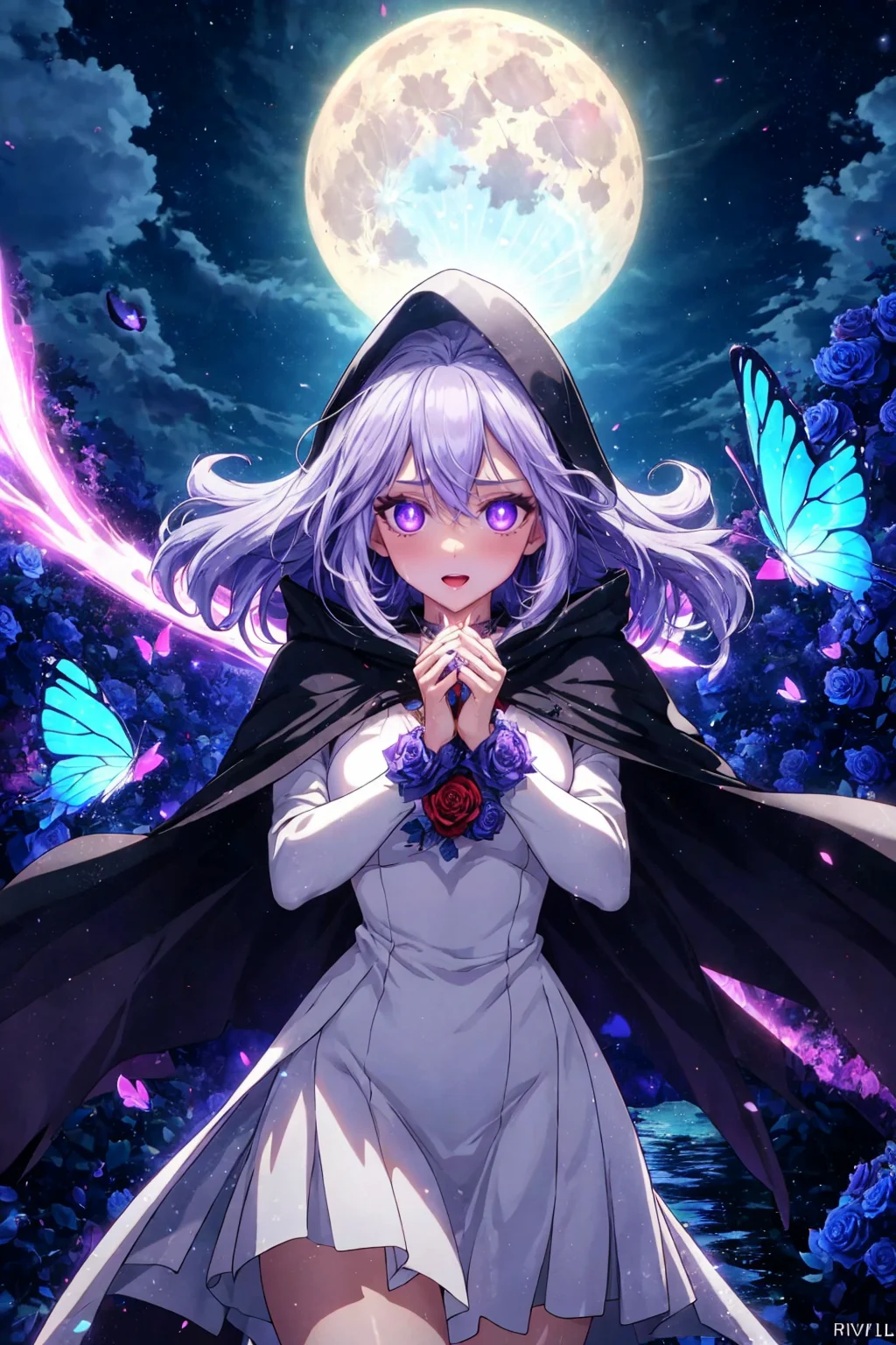 anime screencap, high quality, magical girl, standing, dynamic pose, white dress with purple accents, black hooded cloak, long white hair, detailed face, expressive eyes, full moon, butterflies, night sky, water, roses, soft glowing light, perfect anatomy, detailed hands, vibrant colors
<lora:add_detail:0.4> <lora:backlight_slider_v10:-1.3>