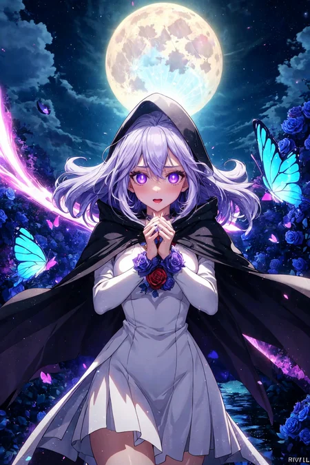 anime screencap, high quality, magical girl, standing, dynamic pose, white dress with purple accents, black hooded cloak, long white hair, detailed face, expressive eyes, full moon, butterflies, night sky, water, roses, soft glowing light, perfect anatomy, detailed hands, vibrant colors
<lora:add_detail:0.4> <lora:backlight_slider_v10:-1.3>