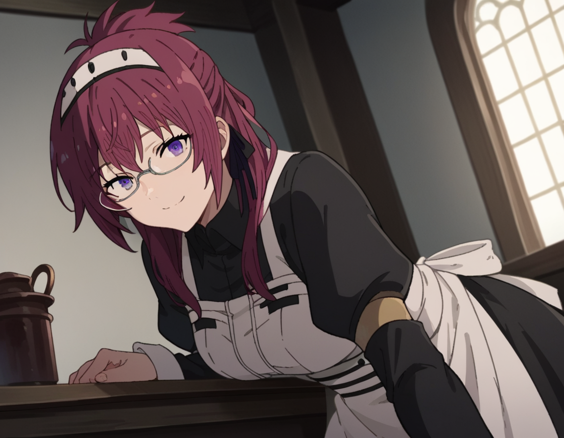 score_9, score_8_up, score_7_up, source_anime,
lilyagreyrat, <lora:lilya-greyrat-s1-ponyxl-lora-nochekaiser:1>,
lilya greyrat, purple eyes, red hair, glasses,
long sleeves, dress, pantyhose, apron, maid, maid headdress, maid apron,
indoors, smile, bent over,
looking at viewer, dutch angle, cowboy shot,