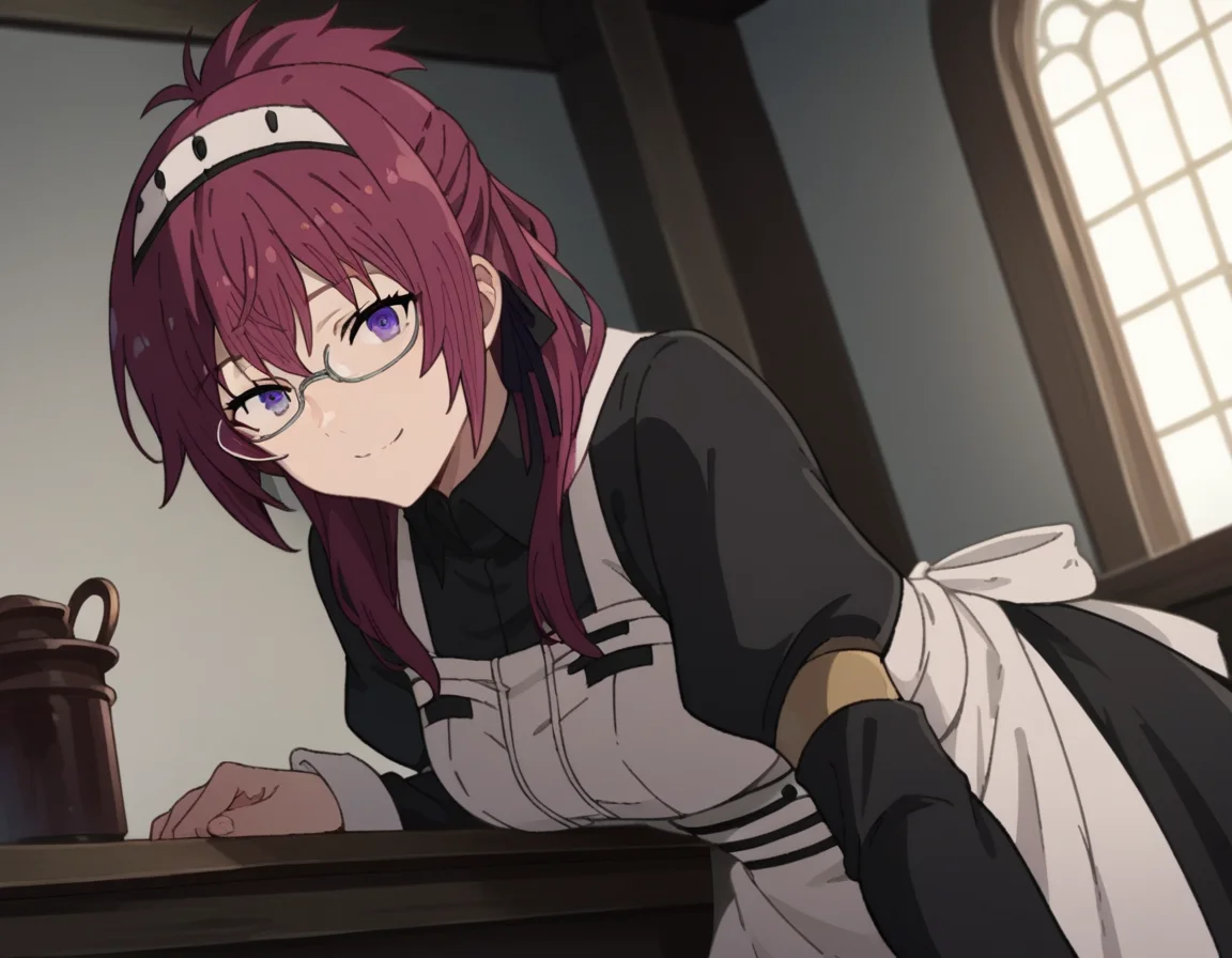 score_9, score_8_up, score_7_up, source_anime,
lilyagreyrat, <lora:lilya-greyrat-s1-ponyxl-lora-nochekaiser:1>,
lilya greyrat, purple eyes, red hair, glasses,
long sleeves, dress, pantyhose, apron, maid, maid headdress, maid apron,
indoors, smile, bent over,
looking at viewer, dutch angle, cowboy shot,