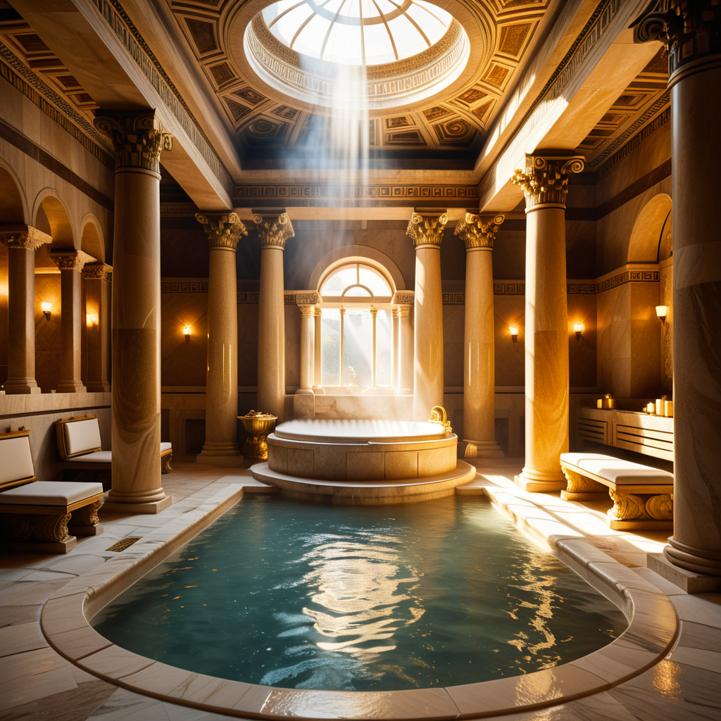 A highly detailed and realistic photograph of an ancient Roman sauna (thermae) from the time of Caesar, featuring grand marble architecture with intricate carvings and columns. The central bath is filled with steaming water, surrounded by polished marble tiles and mosaics depicting mythological scenes. The room is illuminated by natural light streaming through small openings in the high, domed ceiling, creating soft shadows and reflections on the water's surface. The atmosphere is hazy from the steam, and a few individuals dressed in Roman togas and tunics can be seen reclining on benches or chatting near the bath. The overall color palette includes shades of white, gold, and earthy tones, emphasizing the luxurious and serene environment.<lora:SDXLFaeTastic2400:0.4> <lora:extremely_detailed:0.4> extremely detailed, Masterpiece,best quality,hi res,8k,hi res,8k,award winning,(sharp focus, intricate, highly detailed),